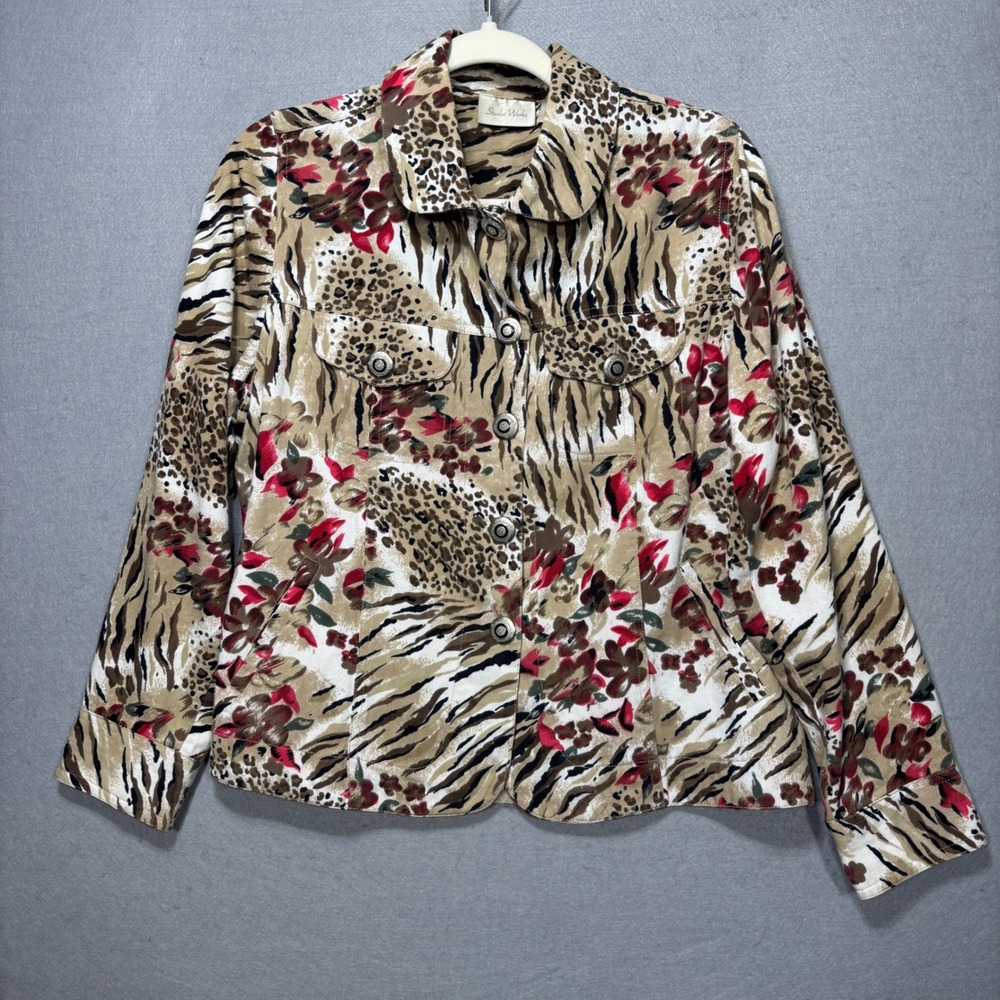 Studio Works‎ Womens Multi Animal Print Button Front Jacket M Statement Artsy